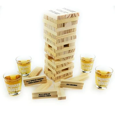 Abbildung von Bambelaa! Trinkspiel Partyspiel Wackelturm Drunken Tower inklusive vier Trinkgläser ca. 4cl (Deutsche Version)