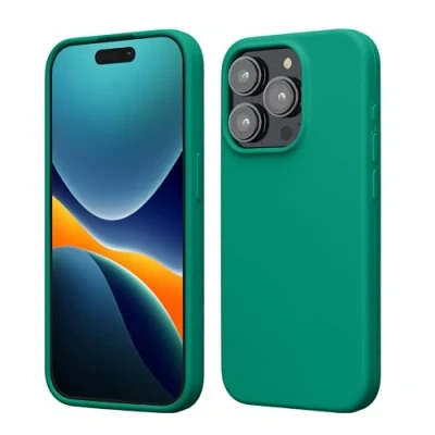 Abbildung von kwmobile Hülle für das iPhone 15 Pro Silikon Handy Case stoßfeste Handyhülle mit weicher Oberfläche Smaragdgrün