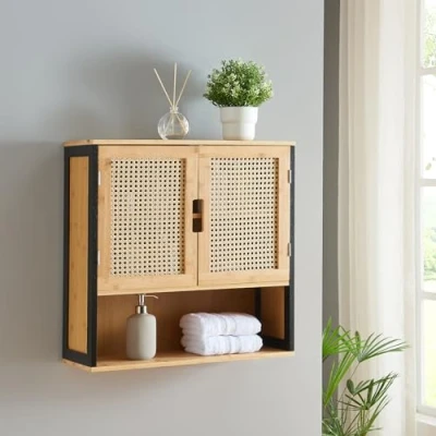 Abbildung von [en.casa] Badezimmerschrank Tervola Hängeschrank für Bad Schwarz Bambus Badschrank hängend mit 2 Türen Wandschrank 60 x 20 cm