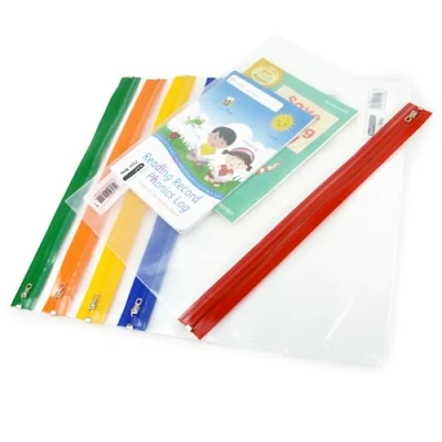 Abbildung von Rapesco 1503 Reißverschlussbeutel mit Metallreißverschluss, Transparent Streifen in verschiedenen Farben, A4+, 5 Stück