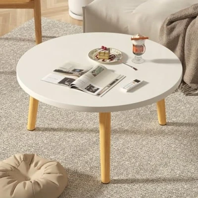 Abbildung von Tuelaly Kleiner Couchtisch, Couchtisch rund Holz, weißer wasserdichter im nordischen Stil, Durchmesser 60 cm, Höhe 50 cm Weiß