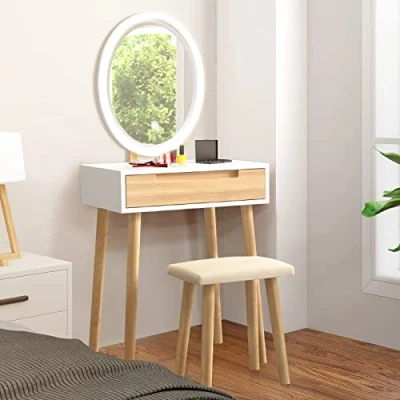 Abbildung von YU YUSING Schminktisch mit Beleuchtung,Frisiertisch LED Spiegel Schubladen, Kosmetiktisch gepolstertem Hocker,Kommode Make up Tisch,Modern