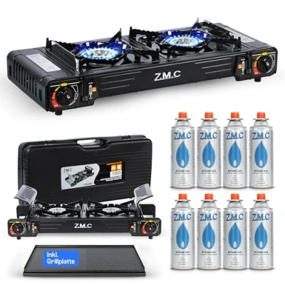 Abbildung von Z.M.C PREMIUM Camping Gaskocher 2 flammig + Grillplatte 8 Gaskartuschen 227g, Campingkocher mit Transportkoffer für Outdoor und Innenraum, Balkon Tisch Doppelgaskocher Piezozündung