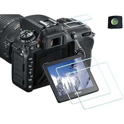 Abbildung von HUIPUXIANG Displayschutz Displayschutzfolie für Nikon D7500 Kamera mit Blitzschuh Abdeckung, 0,3 mm High Definition, 9H Härte, optisches LCD, Premium Glas Schutzabdeckung [2+2 Stück]