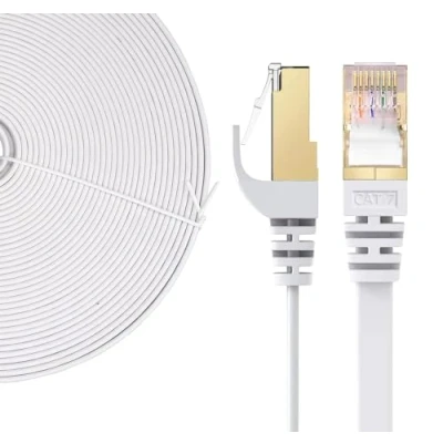 Abbildung von Elfcam® 20m LAN Kabel Netzwerkkabel Cat 7 Ethernet mit Vergoldetem RJ45 Stecker Flach und Dünn, 100% Kupfer Starres Verlegekabel, STP, 32 AWG, Weiß (20m)