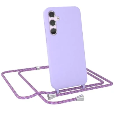 Abbildung von EAZY CASE Hülle mit Band kompatibel Samsung Galaxy A35 Handyhülle für Silikon Mikrofaser stoßfester Fallschutz Kette zum Umhängen Handykordel in Lavendel Lila Clips Silber