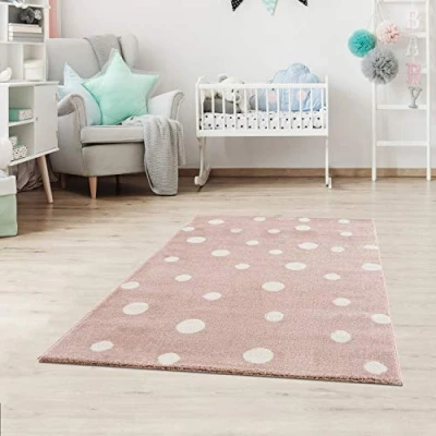 Abbildung von Jimri Kinderteppich DOTS l Pünktchen Gepunktet Öko Tex Siegel Farbe: Beige Blau Rosa Kinderzimmer/Jugendzimmer