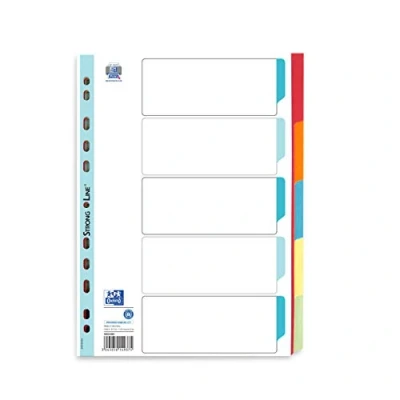 Abbildung von Oxford 400034589 Karton Register Strong Line für DIN A4 25er Pack blanko 1 5 teilig, mit Kunststoff Folie verstärkt rot orange blau gelb grün Ringbuch Ordner Ring mappe Hefter