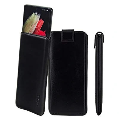 Abbildung von Suncase Echt Ledertasche kompatibel mit Huawei P60 Pro Tasche *Slim Edition* Leder Etui (mit Rückzugsfunktion und Magnetverschluss) in schwarz