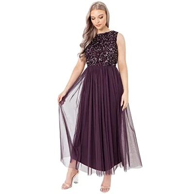 Abbildung von Maya Deluxe Vrouwen Midaxi Jurk Dames Mouwloze Pailletten Hoge Empire Taille Tule Versierd voor Bruiloft Gast Bal Bruidsmeisje, Bessen, 38