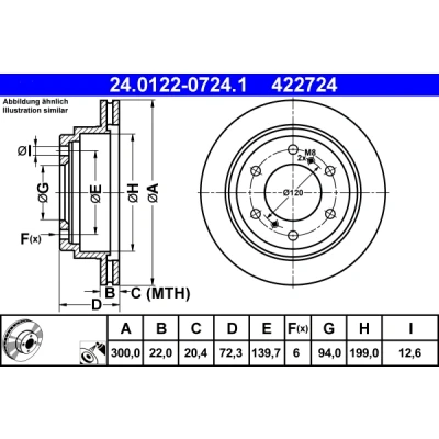 Abbildung von ATE 24.0122 0724.1 Bremsscheibe 300,0 22,0 6 139,7 Belüftet beschichtet MITSUBISHI: Pajero 3, 4, 3 SUV Cabrio