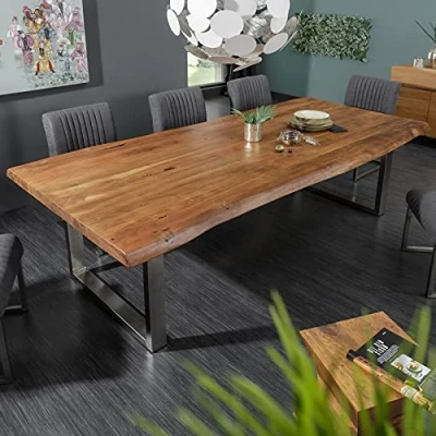 Abbildung von riess ambiente Baumkantentisch MAMMUT NATURE 240cm honigfarben (natur) / silber (Einzelartikel, 1 St), Massivholz · Edelstahl Kufen 6cm Platte lackiert Esszimmer