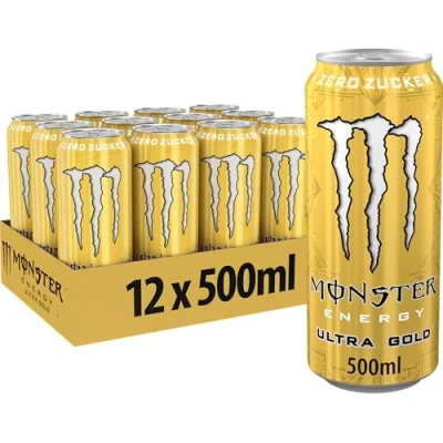 Abbildung von Monster Energy Ultra Gold koffeinhaltiger Drink mit fruchtigem Ananas Geschmack ohne Zucker und Kalorien in praktischen Einweg Dosen (12 x 500 ml)