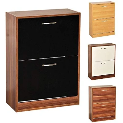 Abbildung von Vida Designs Schuhschrank mit 2 Schubladen, Schrank, Schuhaufbewahrung, Organizer, herunterziehbares Holzmöbel, Walnuss und Weiß