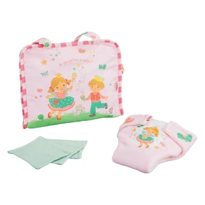 Abbildung von Puppen Wickeltasche &#039;&#039;Prinzessin Emily&#039;&#039; mit Stoffwindel und 3 St&uuml;ck Mullt&uuml;chern