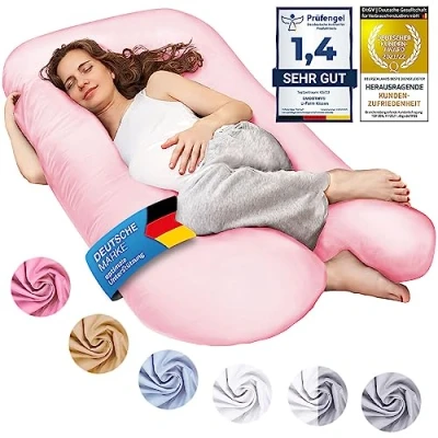 Abbildung von SMOOTHY XXL Schwangerschaftskissen Seitenschläferkissen, Lagerungskissen, Baby Kissen &amp; Stillkissen in U Form mit abnehmbarem waschbarem Bezug aus 100% Baumwolle (Classic XXL, 150 x 80 cm, Pink)