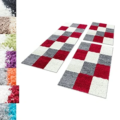 Abbildung von Carpettex Hochflor Bettumrandung Kariert Design, Höhe 30 mm, (Bett Set, 3 tlg., Bettvorlage), Schlafzimmer Teppich Läufer Set teilig