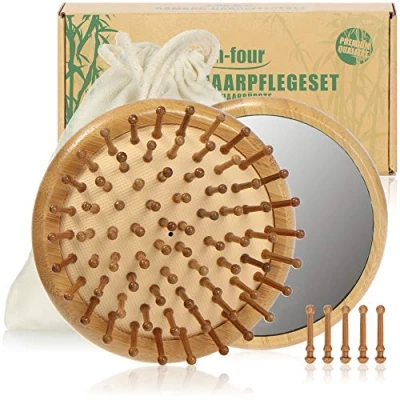 Abbildung von com four® 2 teiliges Premium Haarpflegeset, Detangler Haarbürste aus Bambus und Kleiner Frisierspiegel, Entwirrbürste gegen verfilzte Haare, für jeden Haartyp (2 Teile Tangle Bürste + Spiegel)