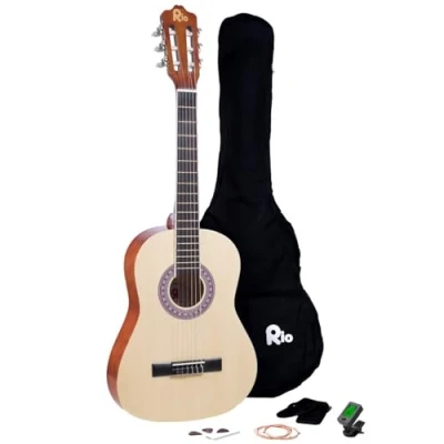 Abbildung von Akustikgitarren Set (3/4 Größe, für Kinder von 9 12 Jahren, inkl. Tasche, Gurt, Plektren, Stimmpfeifen) natur