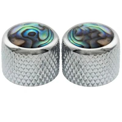 Abbildung von Musiclily Pro Fein 24 Spline Stahl Abalone Oberfläche Dome Potiknöpf Push on Knobs für USA E Gitarre und Bass 19x16,5mm, Chrom (2er Set)