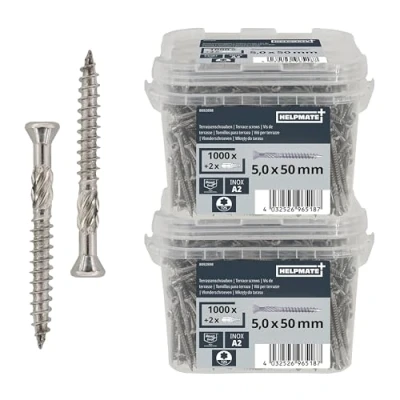Abbildung von HELPMATE Terrassenschrauben 5x50 Edelstahl A2 Rostfrei 2000 Stück Dielenschrauben + T25 Bits Terrassendielen Schrauben für Außenbereich (Terrassenbau, Gartenhäuser, Bauholzkonstruktionen etc.)