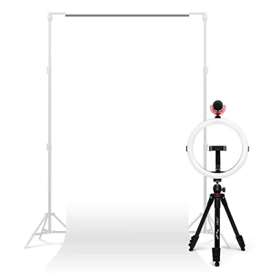 Abbildung von JOBY Creator Studio Complete Kit, Stativ in Voller Größe mit Smartphone Klemme, 12&#039; Ringlicht, Wavo On Camera Shotgun Mikrofon, Weißer Nahtloser Papierhintergrund und 3 1 Schnellladekabel 1,2 m
