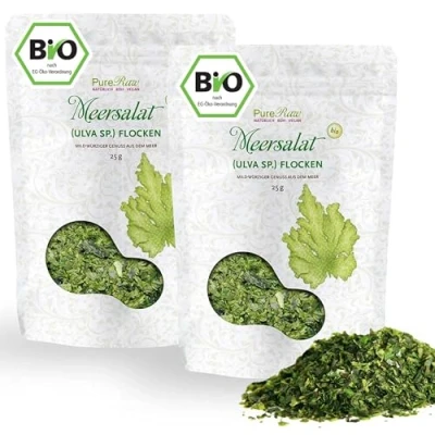 Abbildung von Meersalat Ulva Bio Algen Flocken Getrocknet Atlantik (Roh Vegan) Meerlattich Milde Grünalgen als Umami Würze, Salzersatz Organic Raw Atlantic Dried Seaweed Sea Lettuce Flakes PureRaw 50g (=2x 25g)