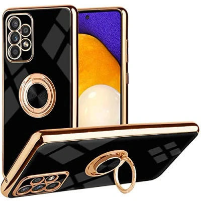 Abbildung von iBEX Handyhülle für Samsung Galaxy A52,Überzug Glänzende TPU Schutzhülle Mit Ringständer, Roségoldene Kante Stoßfester Kantenstoß, Schlanke, Weiche Hülle Schwarz