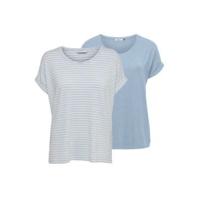 Abbildung von ONLY Damen O Neck Top T Shirt Moster 2er Pack Basic Kurzarm Rundhals Regular Fit Oberteil Sommer Streifen Blau Rose Grün Schwarz XS S M L XL XXL, Größe:XL, Farbe:Cashmere Blue w/cd Stripes