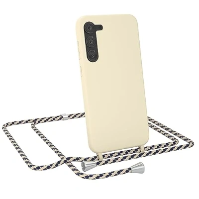 Abbildung von EAZY CASE Handykette austauschbares Band kompatibel mit Samsung Galaxy S23 Plus Silikon Necklace(abnehmbar),Stoßdämpfung bei Sturz, Taupe Taupe/Blau Camouflage Clip Silber
