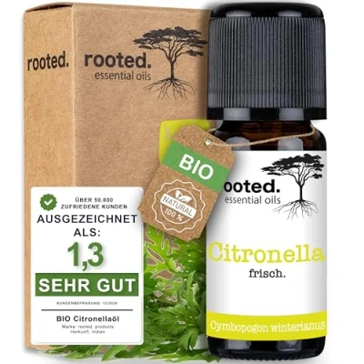 Abbildung von rooted.® BIO Citronellaöl 10ml [100% NATURREIN] Cymbopogon winterianus Ätherisches Öl für Aromatherapie, Duftlampe, Diffusoren, Raumduft, Duftkerzen und Seifen (10ml)