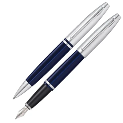 Abbildung von Cross Calais Kugelschreiber und Füllfederhalter Geschenkset (Strich bzw. Federstärke M, Schreibfarbe schwarz) Blau Lack Chrom