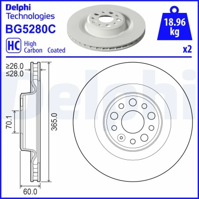 Abbildung von DELPHI Bremsscheibe TESLA: Model S, X 365mm 28mm 5 Belüftet BG5280C Bremsscheiben, Scheibenbremsen