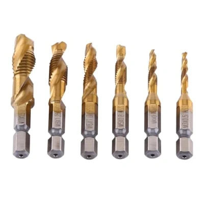 Abbildung von Kombinationsbohrer und Gewindebohrer, 6 teiliges metrisches Gewinde M3 M10 Titanbeschichteter HSS Bohrer Gewindebohrer 1/4 &quot;Sechskantschaft
