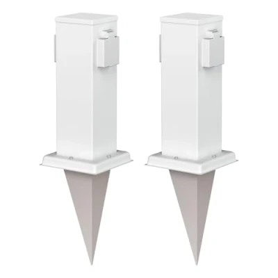 Abbildung von ledscom.de 2 Stück Garten Steckdosen Säule Polly mit Erdspieß für außen, IP44, Fach, Edelstahl, eckig, weiß, 27cm
