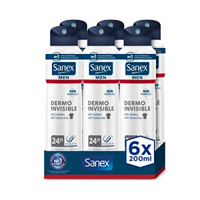 Abbildung von Sanex Men Dermo Invisible Deodorant für Herren, 6 Stück x 200 ml, 24H Schutz, Antitranspirant, Anti Reizung, 0% Alkohol, gegen weiße Flecken, bekämpft schlechten Geruch