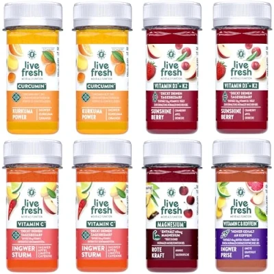 Abbildung von LiveFresh Ingwer Shots Probierpaket (16x60 ml) 5 Geschmackssorten Schonend Kaltgepresst Frische Superfruits wie Ingwer, Kurkuma oder Guarana Ohne Zucker &amp; Zusätze