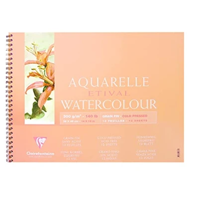 Abbildung von Clairefontaine 96073C Malblock, mit Doppelspirale Aquarellpapier Feinkörnig, Etival/Zellulose, 37 x 46 cm, 12 Blatt, 300 g, weiß
