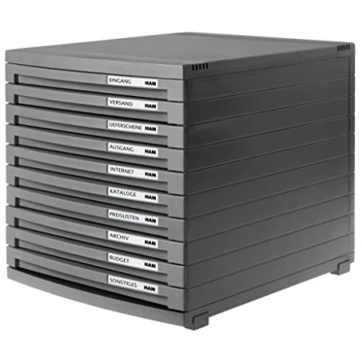 Abbildung von HAN Schubladenbox CONTUR mit 10 flachen offenen Schubladen bis Format B4, inkl. Auszugsperre, Beschriftungsschildern, Gummifüße, modular erweiterbares Schubladensystem, 1510 191, dunkelgrau