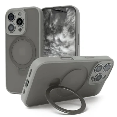 Abbildung von EAZY CASE Qi Charging Handyhülle für iPhone 16 Pro Hülle mit Ständer Matte Schutzhülle Ultra Aufprallschutz Stoßfest und Kratzfest 360 Ring zum Aufstellen Cover Grau