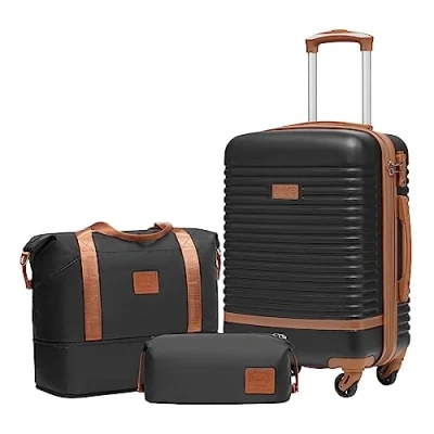 Abbildung von COOLIFE Koffer Trolley Reisekoffer von ABS Hartschalen 4 Rollen TSA Schloss Der Enthält 1 Reisetasche und Kulturbeutel (Schwarz/Braun, Handgepäck Set 3tlg)