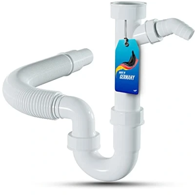 Abbildung von LOBENSWERK Siphon für Küchenspüle mit flexiblem Ablaufschlauch 100% Wasserdicht Röhrensiphon einem Geräteanschluss + Anschlussdichtungen