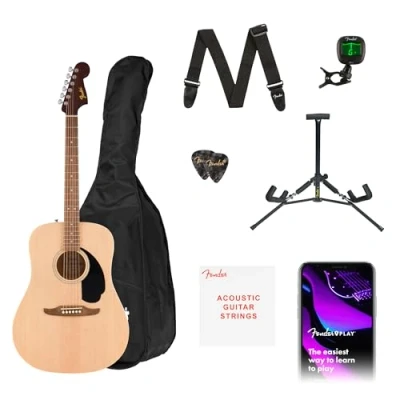Abbildung von Fender California Debut Redondo Drednought Akustikgitarrenpaket Natural. Lieferumfang mit Zubehör: Ständer Gepolstertes Gigbag Gurt Gitarre 1 Satz Reservesaiten FT Stimmgerät Plektren