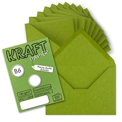 Abbildung von 50x Vintage Briefumschläge in hellgrün (grün) DIN B6 125 x 178 mm Kraftpapier 120 g/m² Recycling Nassklebung Spitzklappe UmWelt by GUSTAV NEUSER