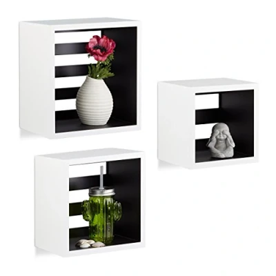 Abbildung von Relaxdays Hängeregale Cube, Wandregal 3er Set, quadratische Würfel Regale für Wand, schwebende Regale, MDF, weiß/schwarz