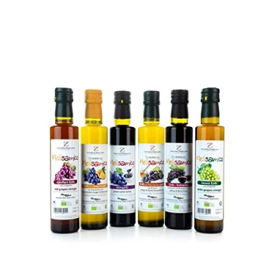 Abbildung von 6x 250ml griechischer Essig und Dressings BIO aus Weintrauben im Set Balsamico Weißwein Rotwein Weinessige mit Thymianhonig Griechenland