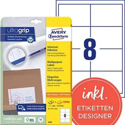 Abbildung von AVERY Zweckform 4782 Universal Etiketten (200 plus 40 Klebeetiketten extra, 97x67,7mm auf A4, bedruckbare Versandetiketten, selbstklebende Versandaufkleber mit ultragrip) 30 Blatt, weiß