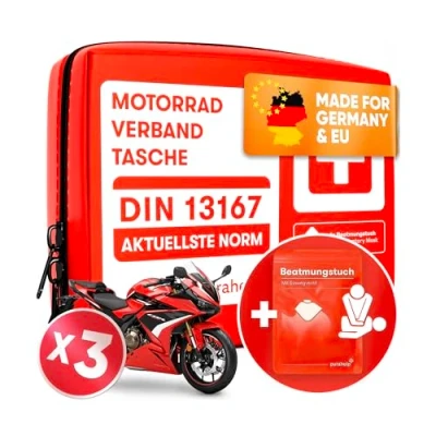 Abbildung von PURAHELP 3x Motorrad Verbandskasten nach aktueller Norm 2025 DIN 13167 (StVO konform) Inkl. Beatmungstuch Erste Hilfe Set Mini Klein