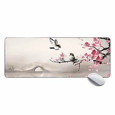 Abbildung von Asiatische Kunst, Natur, Pflaumen Kirschblüten Malerei, Gaming Mauspad XL, erweitertes großes Mauspad, Schreibtischunterlage, 80 x 30 0,3 cm