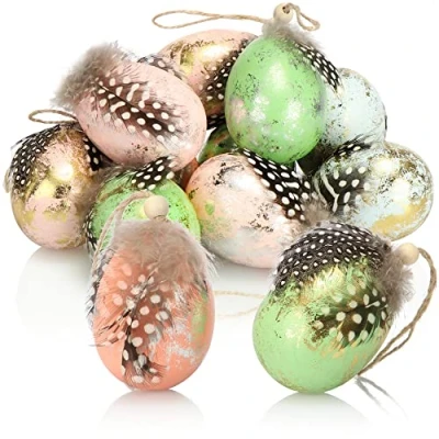 Abbildung von com four® 12x Ostereier zum Aufhängen Osterdeko in Wachtelei Optik Osterei aus Kunststoff mit Feder